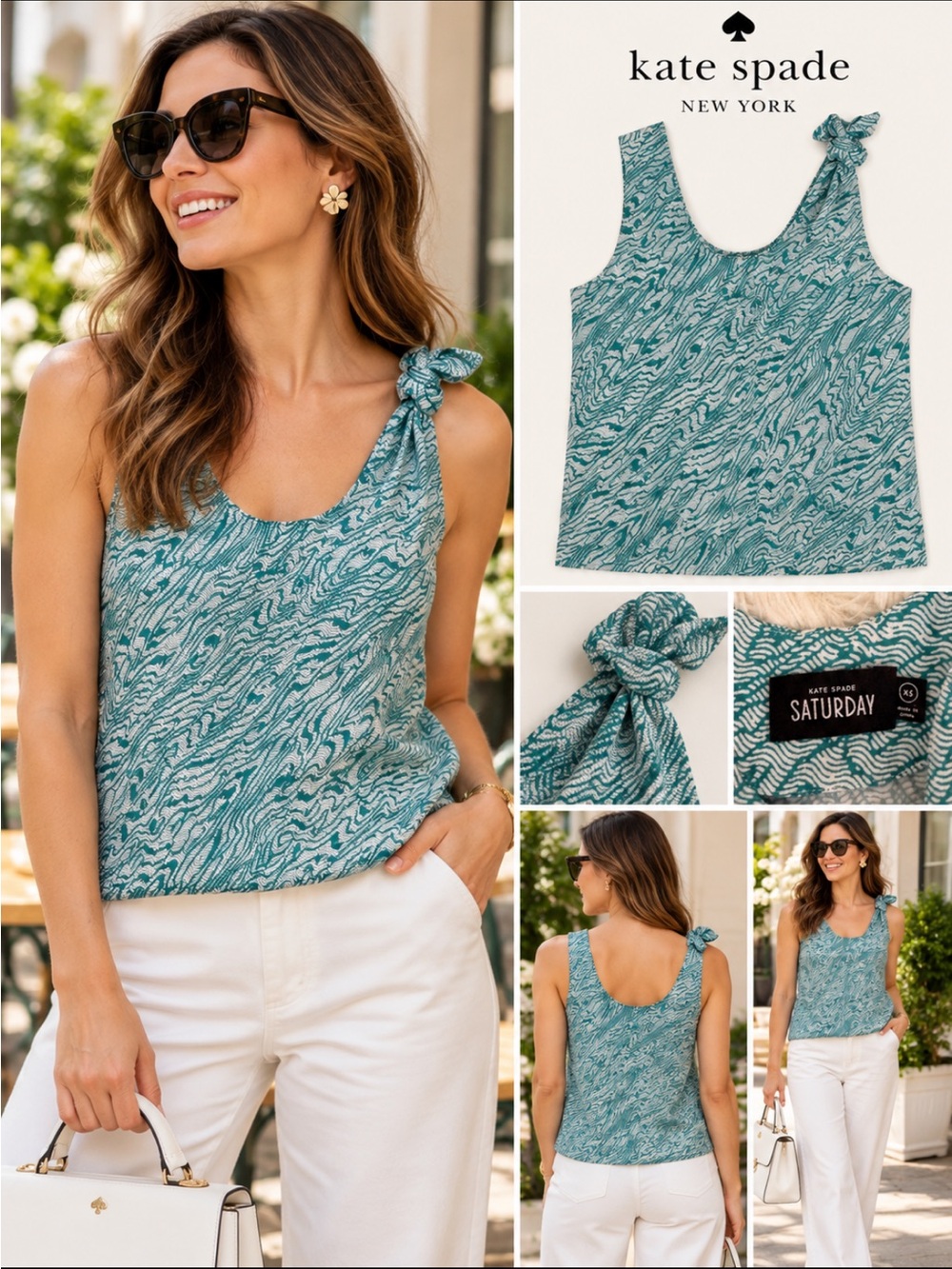 kate spade Teal (Sunday)Wave-Print Knot Tank XS